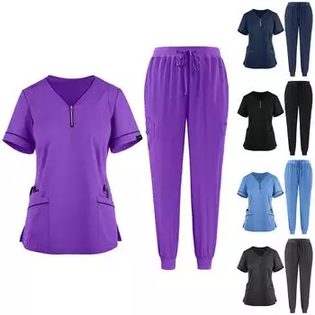 Женский защитный костюм с V-образным вырезом, однотонный, с карманами, с короткими рукавами, комплект из двух предметов L чёрный