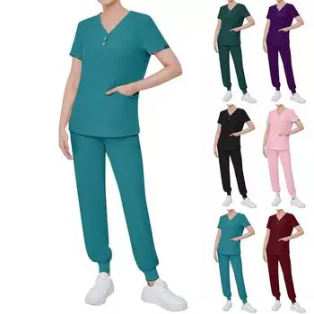 Женский защитный костюм с V-образным вырезом, однотонный, с карманами, с короткими рукавами, комплект из двух предметов L чёрный