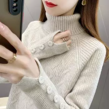 Женский жаккардовый свитер с длинными рукавами и высоким воротом, большой размер, повседневный джемпер с высокой эластичностью M