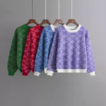 Женский жаккардовый свитер с длинными рукавами на осень и зиму, свободный и универсальный топ с круглым вырезом one size синий