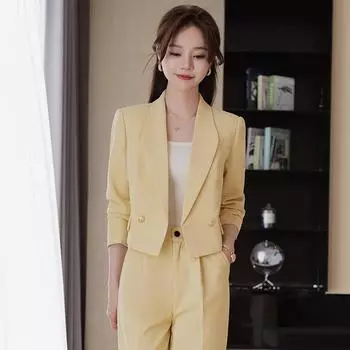 Женский желтый костюм, профессиональная одежда на весну/осень, элегантный облегающий крой, официальный укороченный фасон XXXL