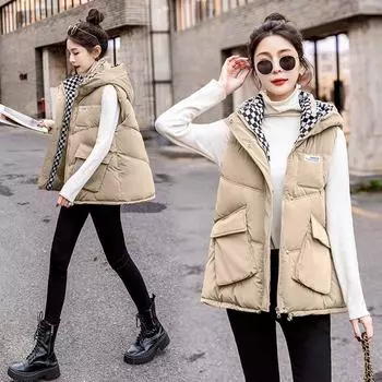 Женский жилет 2023, новый зарубежный стиль, короткое зимнее утолщенное пуховое пальто с капюшоном M чёрный