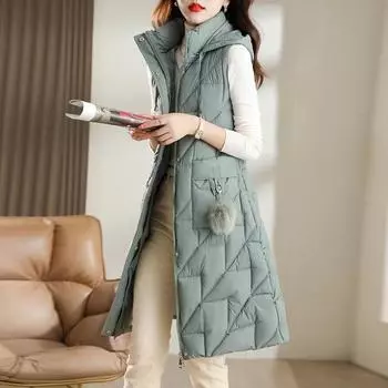 Женский жилет 2023, зимняя мода, женское пуховое пальто средней длины, модный жилет L чёрный