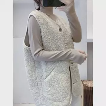 Женский жилет без рукавов из искусственного меха ягненка 2023 года, свободный, в корейском стиле M (Fits 95-105 jin)