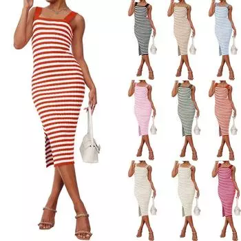 Женский жилет без рукавов, полосатое сексуальное длинное платье с высокой талией и бедрами L