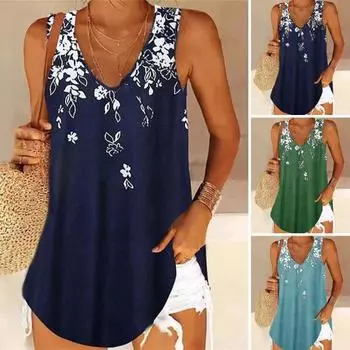 Женский жилет без рукавов с цветочным принтом и V-образным вырезом средней длины, свободная повседневная одежда XL темно-синий