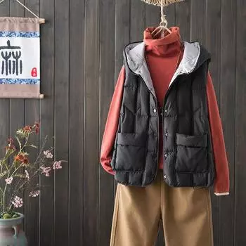 Женский жилет без рукавов с капюшоном, легкий бесшовный белый пуховик с утиным пером, короткий жилет 3XL чёрный