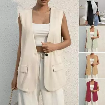 Женский жилет без рукавов с одной пуговицей в западном стиле, облегающий кардиган, костюм, пальто, чистый цвет, глубокий V-образный вырез, формальный деловой стиль, женский жилет L чёрный