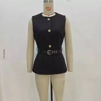 Женский жилет без рукавов с поясом в французском стиле - Модель 9300525 XS чёрный