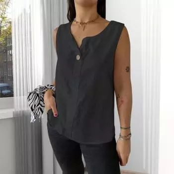 Женский жилет без рукавов с пуговицами, повседневные топы из хлопка и льна, легкие дышащие топы M чёрный