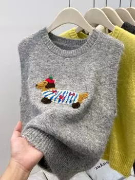 Женский жилет без рукавов с рисунком таксы из мультфильма 2025 года - свитер-жилет в стиле вестерн Large серый