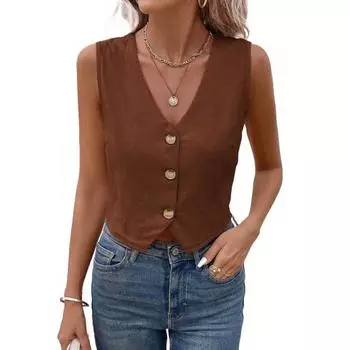 Женский жилет без рукавов с V-образным вырезом и пуговицами, укороченный топ, летняя выходная жилетка, повседневная деловая рубашка S коричневый