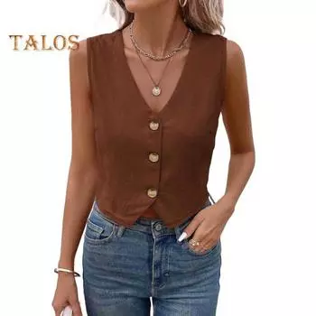 Женский жилет без рукавов с V-образным вырезом и пуговицами, укороченный топ, летняя выходная жилетка, повседневная деловая рубашка S коричневый