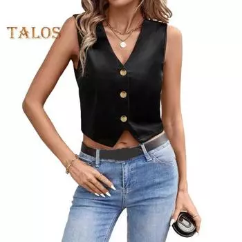 Женский жилет без рукавов с V-образным вырезом и пуговицами, укороченный топ, летняя выходная жилетка, повседневная деловая рубашка S