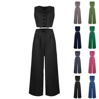 Женский жилет без рукавов с v-образным вырезом, драпированные широкие брюки, повседневный костюм L армия зеленый