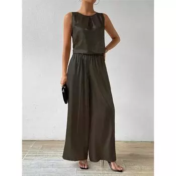 Женский жилет без рукавов с высокой талией, свободные брюки, позолоченный блестящий жилет с завязками сзади, комплект из 2 предметов L чёрный