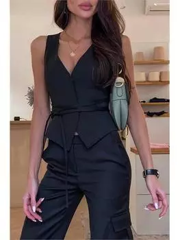 Женский жилет без рукавов со шнуровкой и V-образным вырезом, весна-лето, женские топы XL серый