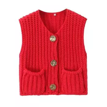 Женский жилет без рукавов, вязаный грубыми спицами, свитер, женский кардиган с большими карманами и нашивными пуговицами, жилет, топы S чёрный