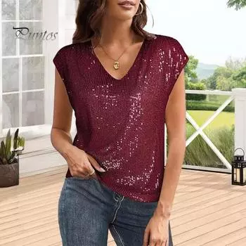 Женский жилет, блестящий топ с пайетками, V-образный вырез, короткий рукав, эластичные топы для вечеринок, летний свободный жилет для повседневной носки S красный