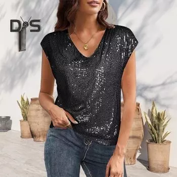 Женский жилет, блестящий топ с пайетками, V-образный вырез, короткий рукав, эластичные топы для вечеринок, летний свободный жилет для повседневной носки L серебряный