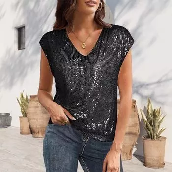 Женский жилет, блестящий топ с пайетками, V-образный вырез, короткий рукав, эластичные топы для вечеринок, летний свободный жилет для повседневной носки XXL чёрный