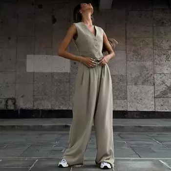 Женский жилет, брючный костюм из 2 шт./компл., однобортный однобортный костюм без рукавов с высокой талией и широкими штанинами, чистый цвет, OL, деловой костюм, деловой топ, комплект брюк, 2 шт./компл. S серый