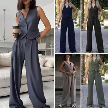 Женский жилет, брючный костюм из 2 шт./компл., однобортный однобортный костюм без рукавов с высокой талией и широкими штанинами, чистый цвет, OL, деловой костюм, деловой топ, комплект брюк, 2 шт./компл. S серый