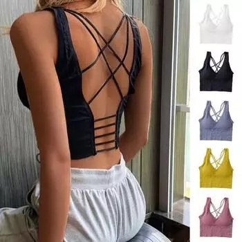 Женский жилет, бюстгальтер с перекрестной спинкой, V-образным вырезом, пуш-ап, без стального кольца, съемные накладки на грудь, однотонный бюстгальтер для йоги, женское нижнее белье белый