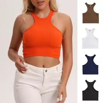 Женский жилет для бега с круглым вырезом, без рукавов, короткие майки, однотонный, ребристый, эластичный, быстросохнущий, со спинкой-борцовкой M темно-синий