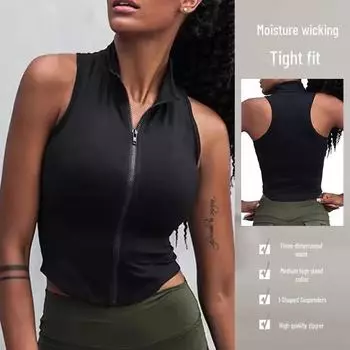 Женский жилет для йоги без рукавов на молнии в европейском и американском стиле — модный воротник-стойка для бега, фитнеса, танцев и других видов спорта. S