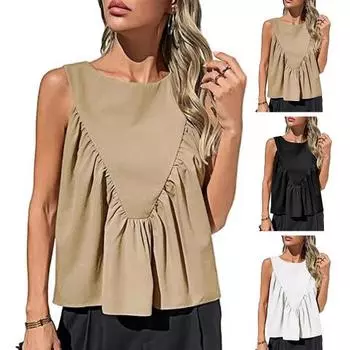 Женский жилет для поездок на работу в повседневном стиле, однотонные свободные топы с круглым вырезом без рукавов, плиссированные майки S хаки