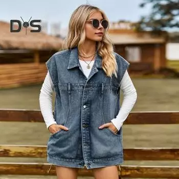 Женский жилет, джинсовый свободный однотонный однобортный кардиган без рукавов с большими карманами, промываемый, индивидуальная уличная одежда, повседневная куртка, жилет L черный серый