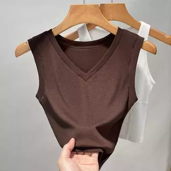 Женский жилет и жилетная одежда, новая летняя футболка без рукавов с V-образным вырезом, внутренняя нижняя часть рубашки, короткий топ S коричневый