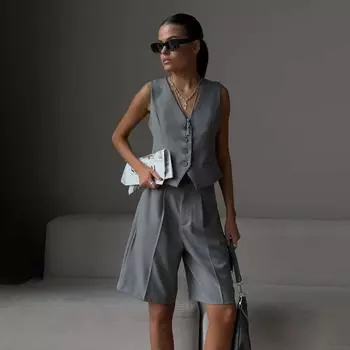 Женский жилет из двух предметов, рубашка без рукавов, шорты с высокой талией и завязками, комплект большого размера, модные костюмы S серый