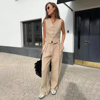 Женский жилет из двух предметов, рубашка без рукавов, брюки с высокой талией и завязками, комплект большого размера, модные костюмы S хаки
