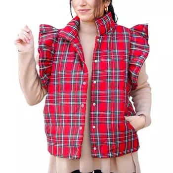 Женский жилет из хлопка в клетку на Рождество, с высоким воротом, застегивающимся на кнопки, с рукавами-крылышками, легкий повседневный жилет S красный