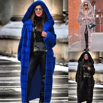 Женский жилет из искусственного меха с длинными рукавами, сплошной цвет, длинная куртка с капюшоном, пальто, верхняя одежда