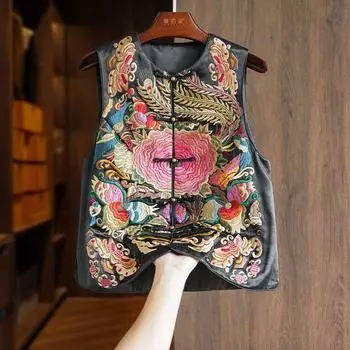 Женский жилет из высококачественного ацетата в китайском стиле с вышивкой - многослойный жилет на весну/осень 2XL чёрный