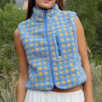 Женский жилет, куртка с воротником-стойкой, контрастного цвета, без рукавов, клетчатый узор, кардиган, жилет, застежка-молния, повседневная верхняя одежда для отдыха на природе S