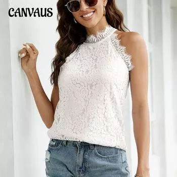 Женский жилет, летний кружевной топ без рукавов с полым висячим вырезом S белый