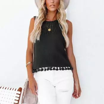 Женский жилет, летний модный ажурный вязаный топ с кисточками и круглым вырезом S зелёный