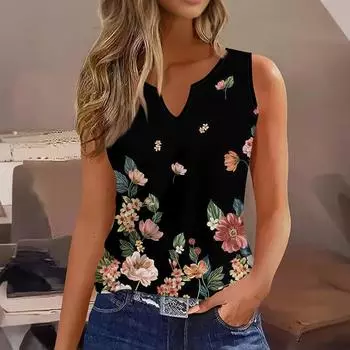 Женский жилет Модный Повседневный Без рукавов Маленький V-образный вырез Ретро Принтованная футболка Верхняя одежда Жилет Сексуальный XL чёрный