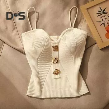 Женский жилет на бретельках с мягкой спинкой, без рукавов, вязаный эластичный однотонный однотонный декор с v-образным вырезом и пуговицами, укороченный верх на бретельках чёрный