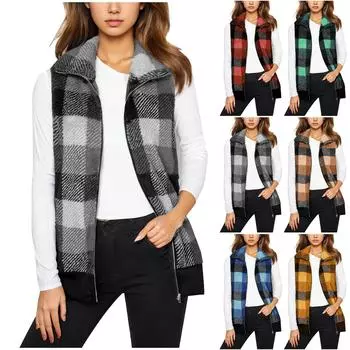 Женский жилет на молнии в клетку без рукавов с отворотом спереди кардиган шерстяной свитер осенняя мода плюшевая куртка пальто XXXL коричневый