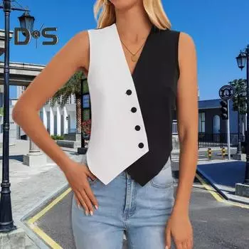 Женский жилет на пуговицах без рукавов, черно-белый костюм с цветными блоками, жилет-перекресток с v-образным вырезом, повседневный короткий топ для повседневной носки, свиданий на улице XL черный белый