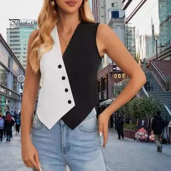 Женский жилет на пуговицах без рукавов, черно-белый костюм с цветными блоками, жилет-перекресток с v-образным вырезом, повседневный короткий топ для повседневной носки, свиданий на улице M черный белый