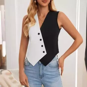 Женский жилет на пуговицах без рукавов, черный, белый цвет, костюм с цветными блоками, повседневный жилет, кроссовер с v-образным вырезом, короткий топ, повседневная одежда XL черный белый
