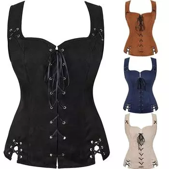 Женский жилет на шнуровке Renaissance Vinatge с квадратным вырезом без рукавов в средневековом стиле Slim Fit Solid Top Halloween Cosplay Top XXXL чёрный