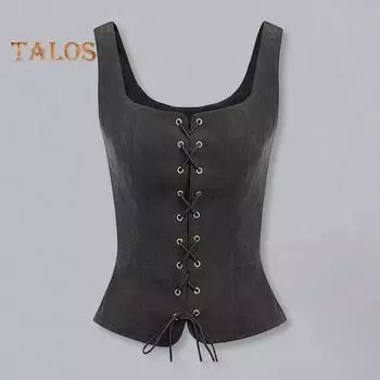 Женский жилет на шнуровке Ренессанс Vinatge с квадратным вырезом без рукавов Средневековый приталенный однотонный топ для косплея на Хэллоуин XL кофейный