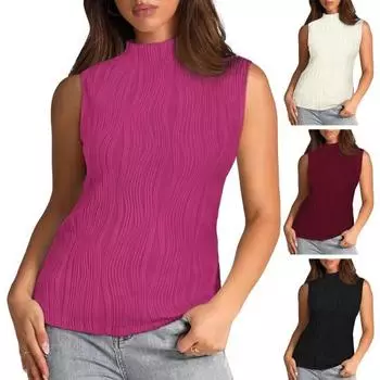 Женский жилет, однотонный топ без рукавов с получерепаховым вырезом, полосатая жаккардовая текстура, приталенный крой S розы красного